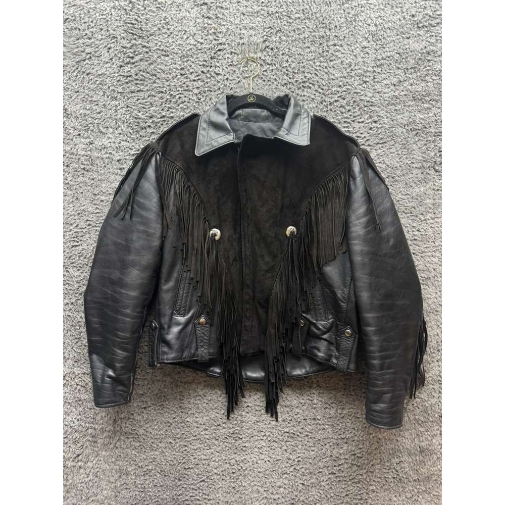 Vintage Suede Leather Fringe Collared Full Zip Biker Jacket Black Mens Size 42